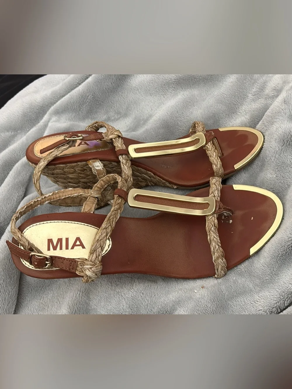 MIA Brown Braided Rope Wedge Sandals with Gold Accents